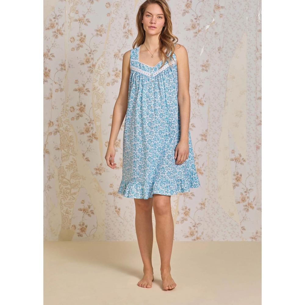 NEW Eileen West Morning Meadow Cotton chemise nightgown womens small blue floral